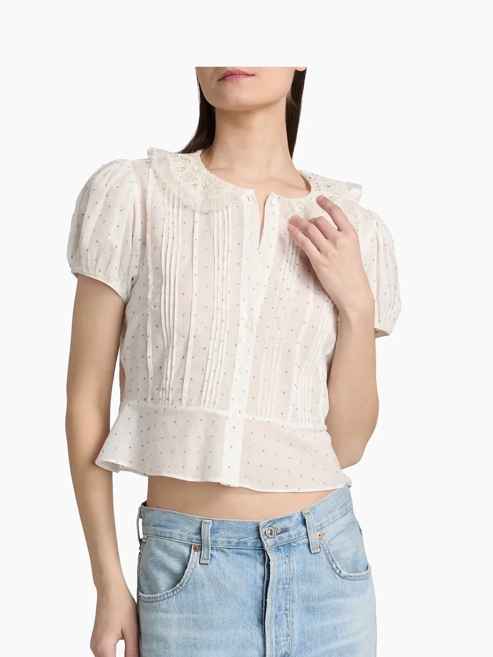 Doen Ivory Swiss Dot Lace-Collar Pintuck Blouse